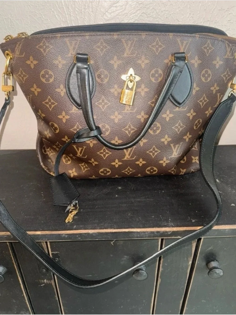 Louis Vuitton Monogram Canvas Shoulder Bag with Black Trim and Gold Hardware